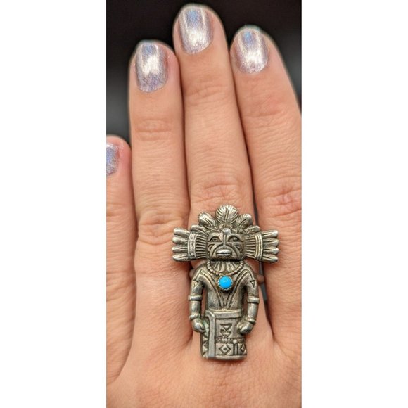 Sterling Silver Kachina Blue Turquoise Stone Vintage Ring Size 7 - Picture 8 of 9